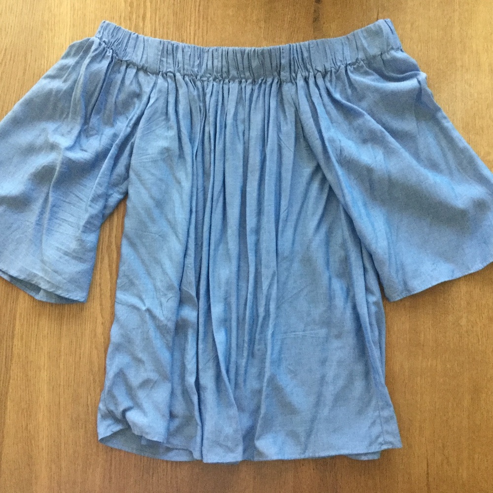 Off-shoulder chambray/medium blue MNG blouse